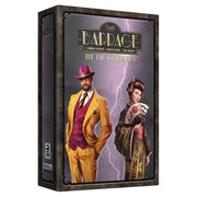 Barrage: The Far Companies Expansion (PREORDER) - Board game expansion box with dark, stormy background, featuring a man in a yellow suit and purple hat and a woman in.