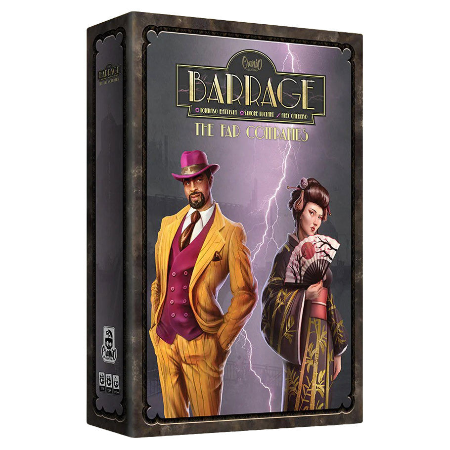 Barrage: The Far Companies Expansion (PREORDER) - Board game expansion box with dark, stormy background, featuring a man in a yellow suit and purple hat and a woman in.
