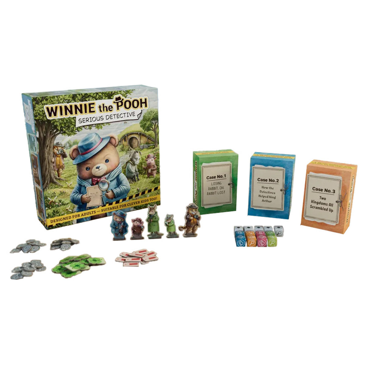Winnie the Pooh: Serious Detective - Board game box featuring Winnie the Pooh dressed as a detective, with character figurines, green player pieces, multiple.