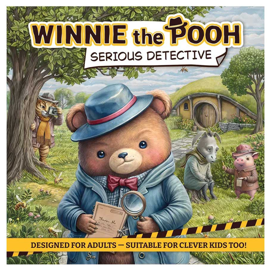 Winnie the Pooh: Serious Detective - Book cover featuring a teddy bear detective in a blue coat and hat holding a magnifying glass, with woodland animal.