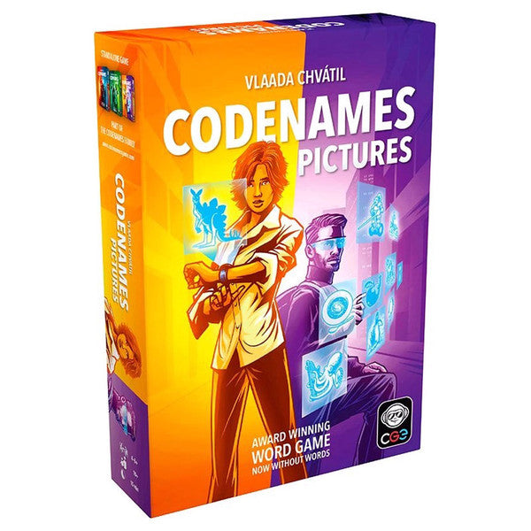 Codenames: Pictures 2.0 - Pictures 2.0 party game featuring illustrated characters and glowing picture cards.