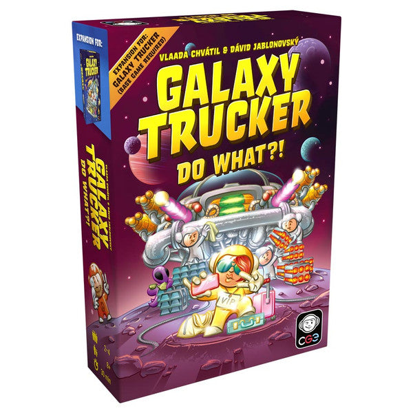 Galaxy Trucker: Do What?! Expansion - Purple rectangular box with colorful cartoon space characters and yellow bold text reading Galaxy Trucker Do What?!.