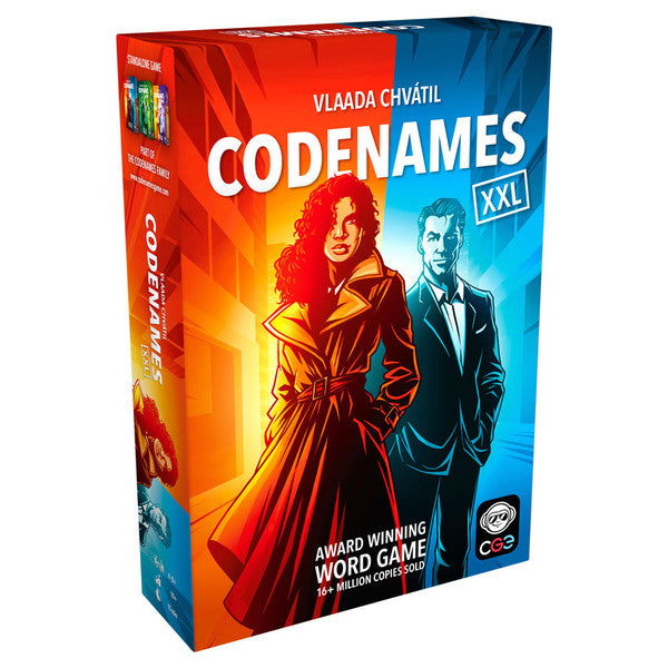 Codenames XXL (PREORDER) - Rectangular box with red and blue sides featuring stylized man and woman characters, bold white "CODENAMES XXL" title, and.