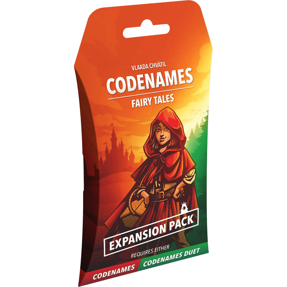 Codenames: Fairy Tales Expansion Pack - Brightly colored packaging featuring an illustration of a red-hooded fairy tale character against an orange and green.