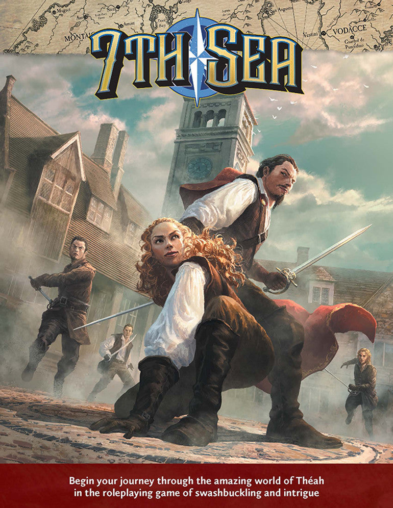 7th Sea: Core Rulebook (2nd Edition) - 7th Sea Core Rulebook with illustrated cover of swashbucklers in action against a cloudy sky backdrop.