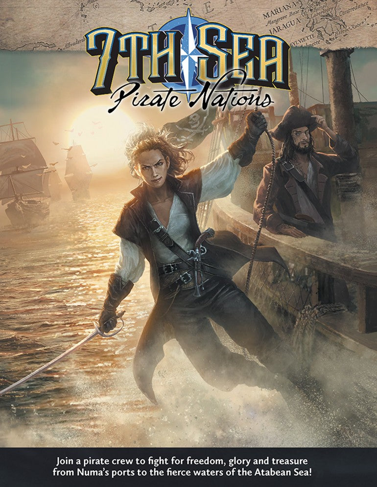 7th Sea: Pirate Nations - Fantasy RPG book cover featuring two pirates on a ship at sunset with golden light and a detailed sea background.
