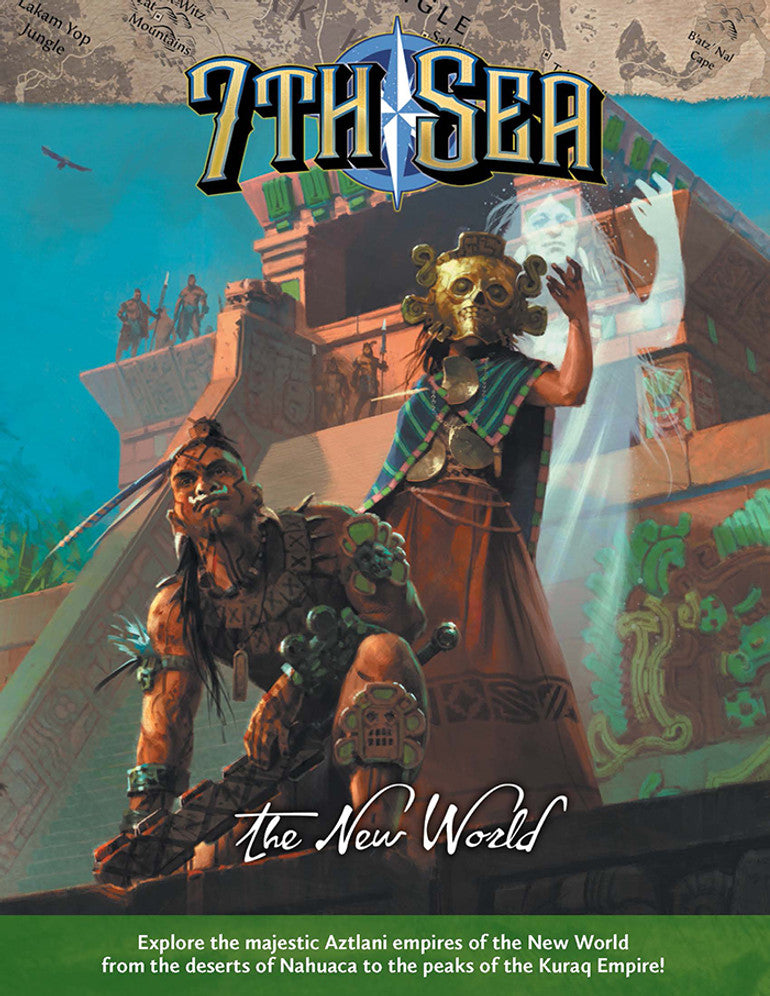 7th Sea: The New World - Paperback RPG book titled "7th Sea" with fantasy art of two adventurers, one wearing a bird mask, standing before.