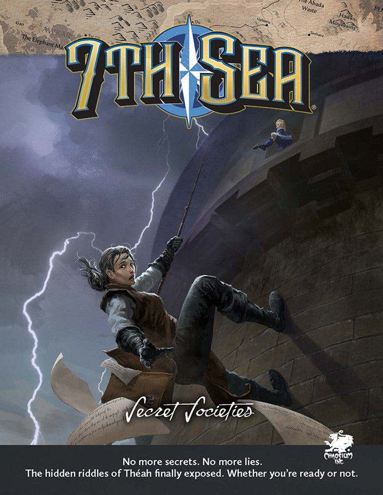 7th Sea: Secret Societies - RPG book cover with dark stormy sky, lightning, and a person climbing a rope on a castle wall, titled 7th Sea Secret.
