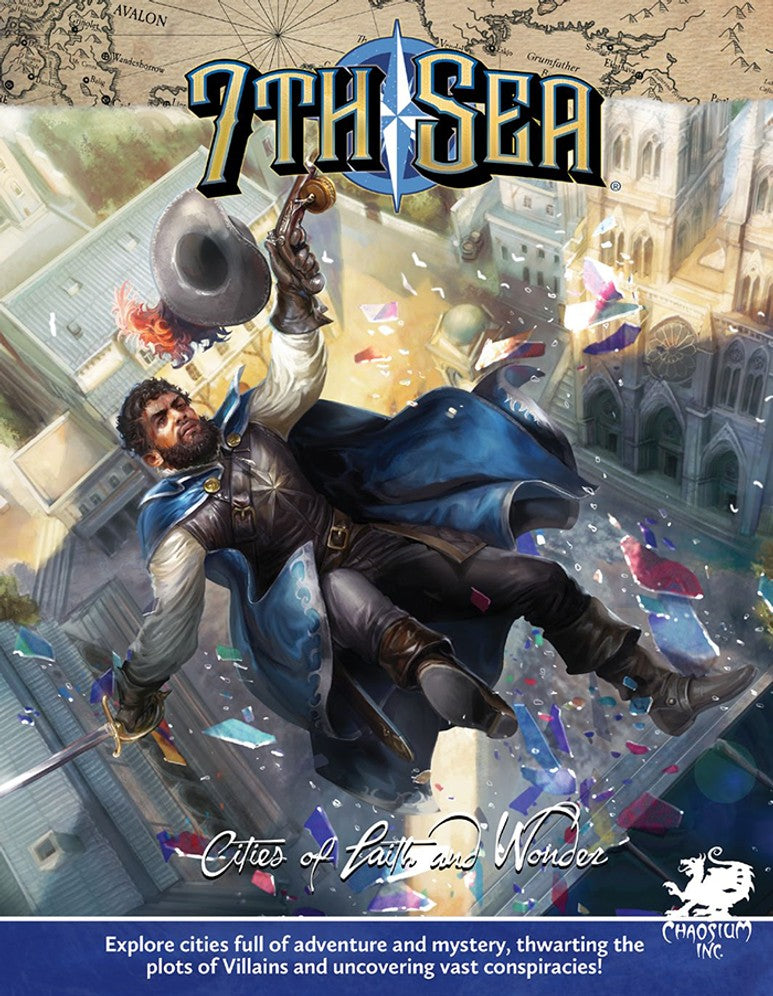 7th Sea: Cities of Faith & Wonder - Fantasy RPG book cover featuring a heroic figure in blue cloak falling through a shattered glass ceiling above an ancient.