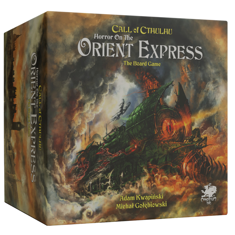 Horror on the Orient Express: The Board Game (PREORDER) - Dark-themed board game box with a steampunk train engulfed in fiery smoke, vintage typography on top.