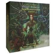 Horror on the Orient Express: New Monstrosities Expansion (PREORDER) - Dark green box with detailed horror-themed artwork featuring monstrous creatures and a central eerie female figure, labeled.
