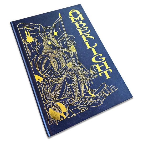 D&D 5E: Amberlight Sourcebook (PREORDER) - Dark blue hardcover book with intricate gold embossed artwork of a mythical horned figure and the title "Amberlight" in bold