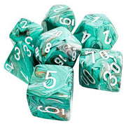 Chessex: Mega-Hedrals Marble 7-Die Set - Oxi-Copper/White - Seven translucent green marbled dice with white numbering, including various polyhedral shapes for tabletop gaming.