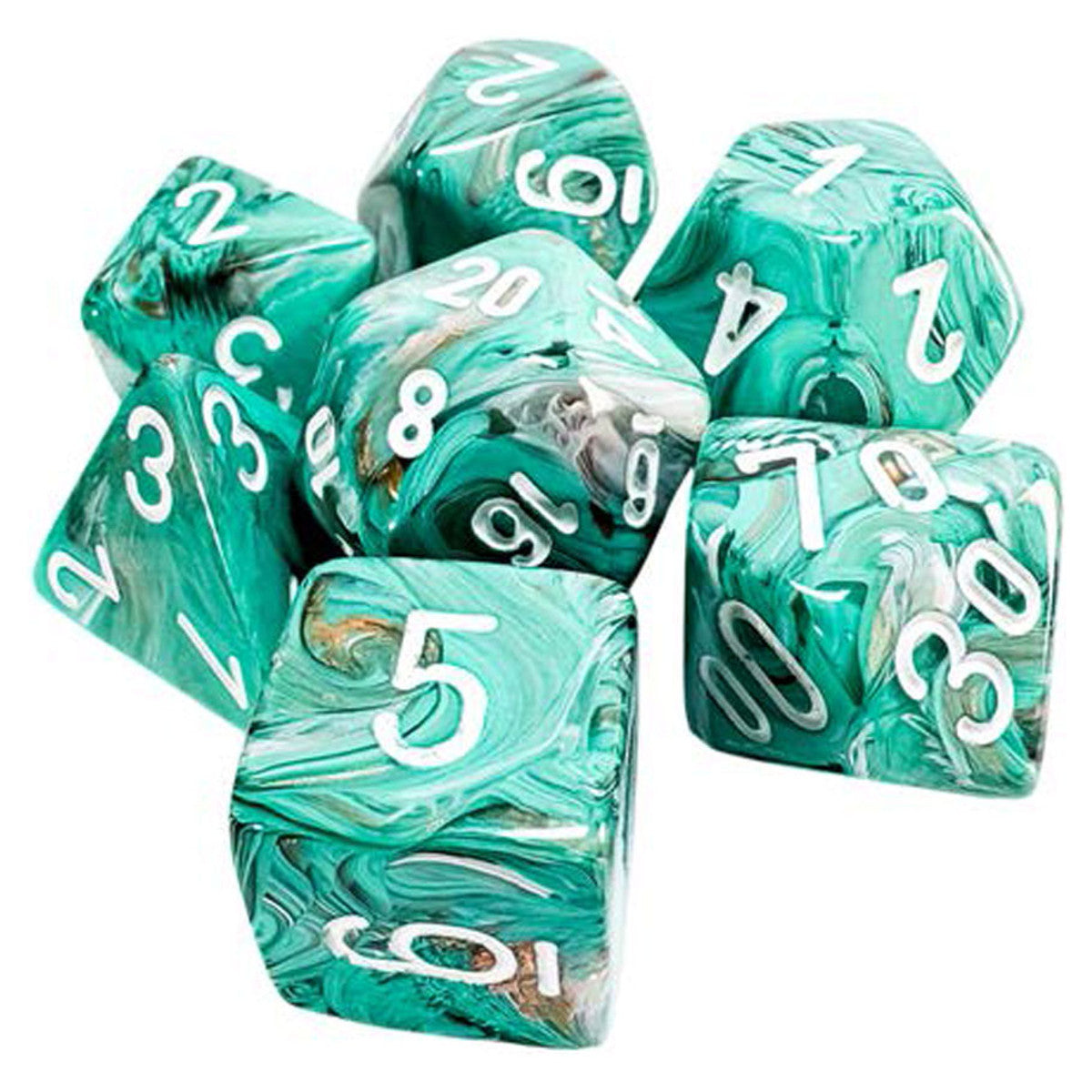 Chessex: Mega-Hedrals Marble 7-Die Set - Oxi-Copper/White - Seven translucent green marbled dice with white numbering, including various polyhedral shapes for tabletop gaming.