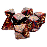 Chessex: Mega-Hedrals Scarab 7-Die Set - Blue Blood/Gold - Seven polyhedral dice in deep blue and blood red marbled design with gold numbering, including d4, d6, d8, d10, percentile,.