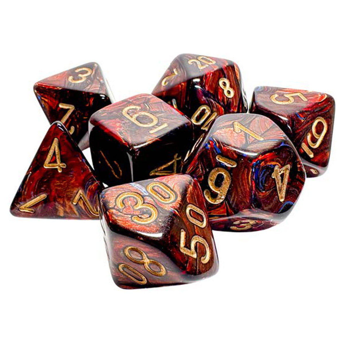 Chessex: Mega-Hedrals Scarab 7-Die Set - Blue Blood/Gold - Seven polyhedral dice in deep blue and blood red marbled design with gold numbering, including d4, d6, d8, d10, percentile,.