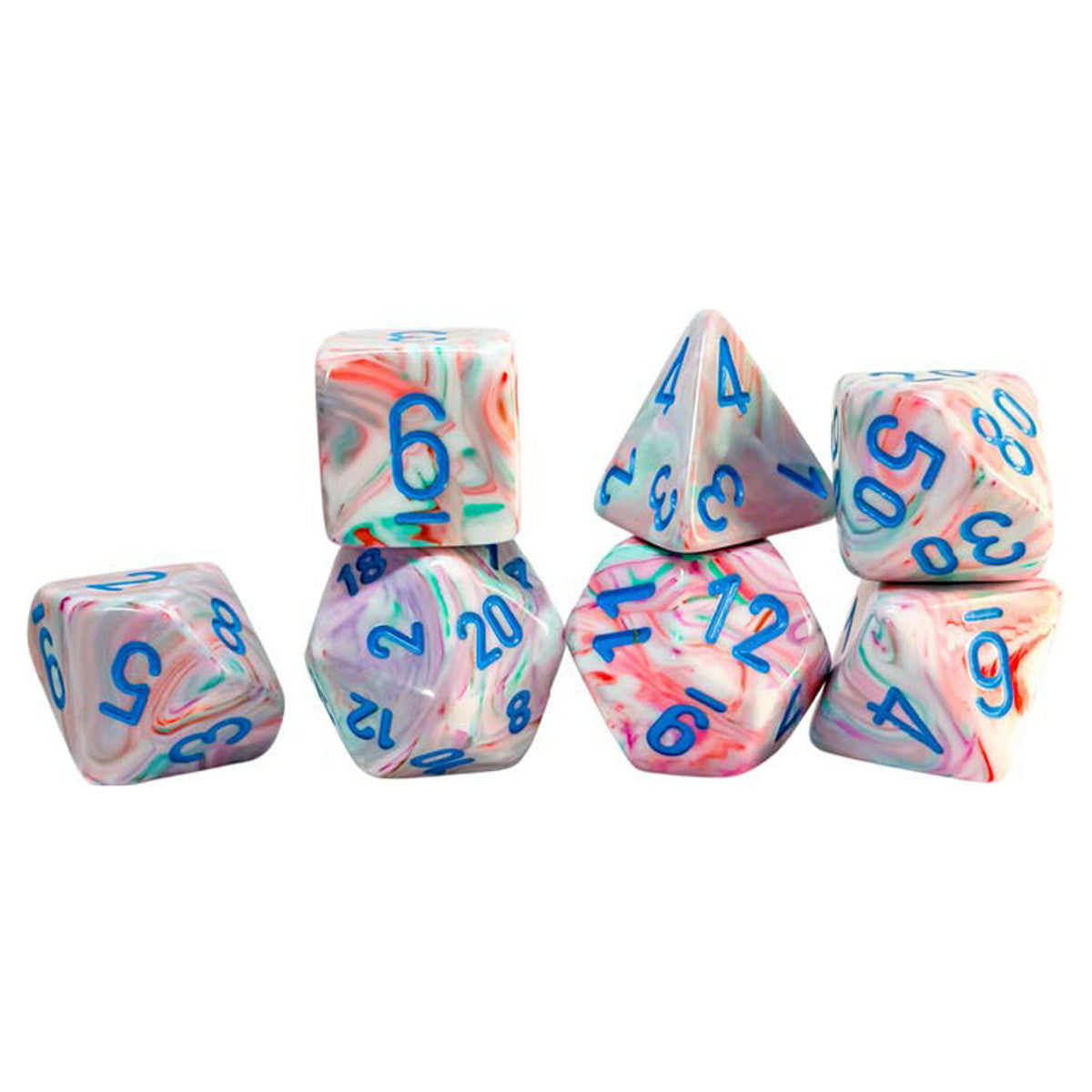 Chessex: Mega-Hedrals Festive 7-Die Set - Pop Art/Blue - Set of seven translucent polyhedral dice with swirling red, white, and blue patterns and bright blue numbers.