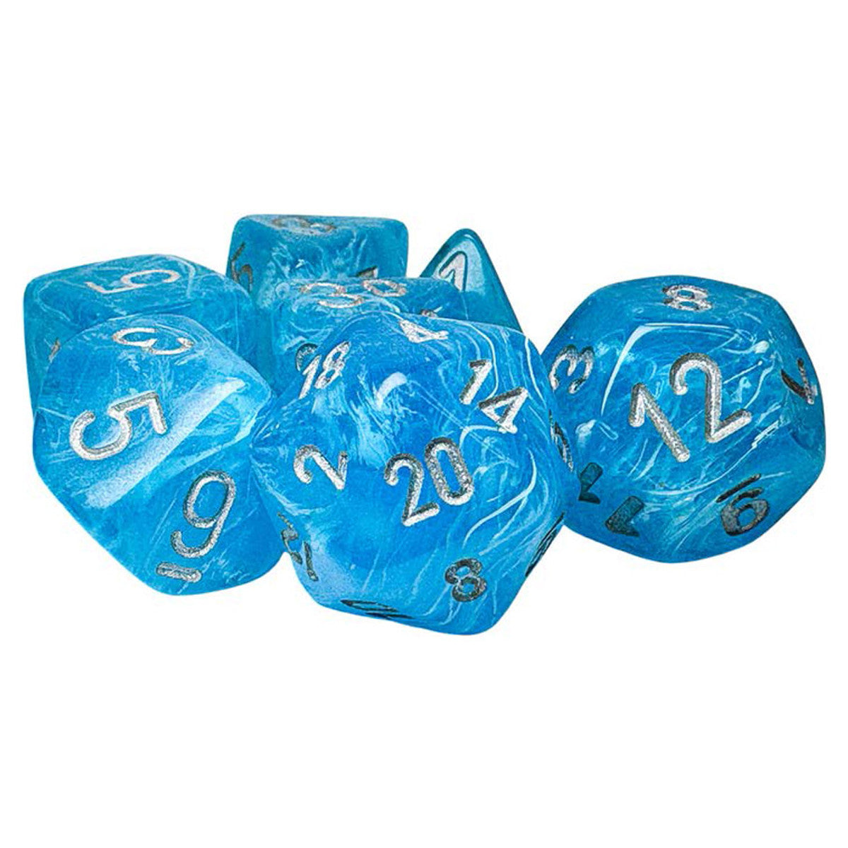 Chessex: Mega-Hedrals Luminary 7-Die Set - Sky/Silver - Seven translucent blue polyhedral dice with silver numbering, each featuring different shapes for tabletop gaming.