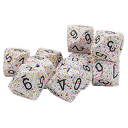 Chessex: Speckled Birthday - Set of Ten d10 Dice (Copy) - Ten white speckled d10 dice with multicolored confetti-like flecks and black numbers.