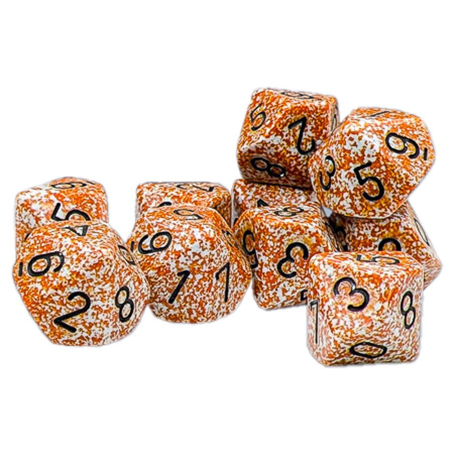 Chessex: Speckled Rust - Set of Ten d10 Dice - Set of ten orange and white speckled ten-sided dice with black numbers.