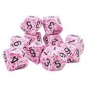 Chessex: Speckled Pink - Set of Ten d10 Dice - Set of ten pink speckled ten-sided dice with black numbers, translucent plastic material.