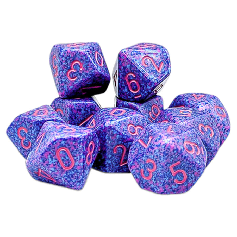 Chessex: Speckled Purple Passion - Set of Ten d10 Dice - Set of ten ten-sided dice in purple with pink and blue speckles, featuring pink numbers.