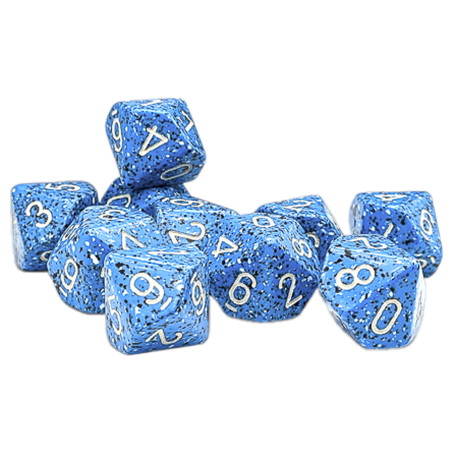 Chessex: Speckled Ocean Stone - Set of Ten d10 Dice - Set of ten blue speckled d10 dice with white numbers, glossy finish, rounded edges.