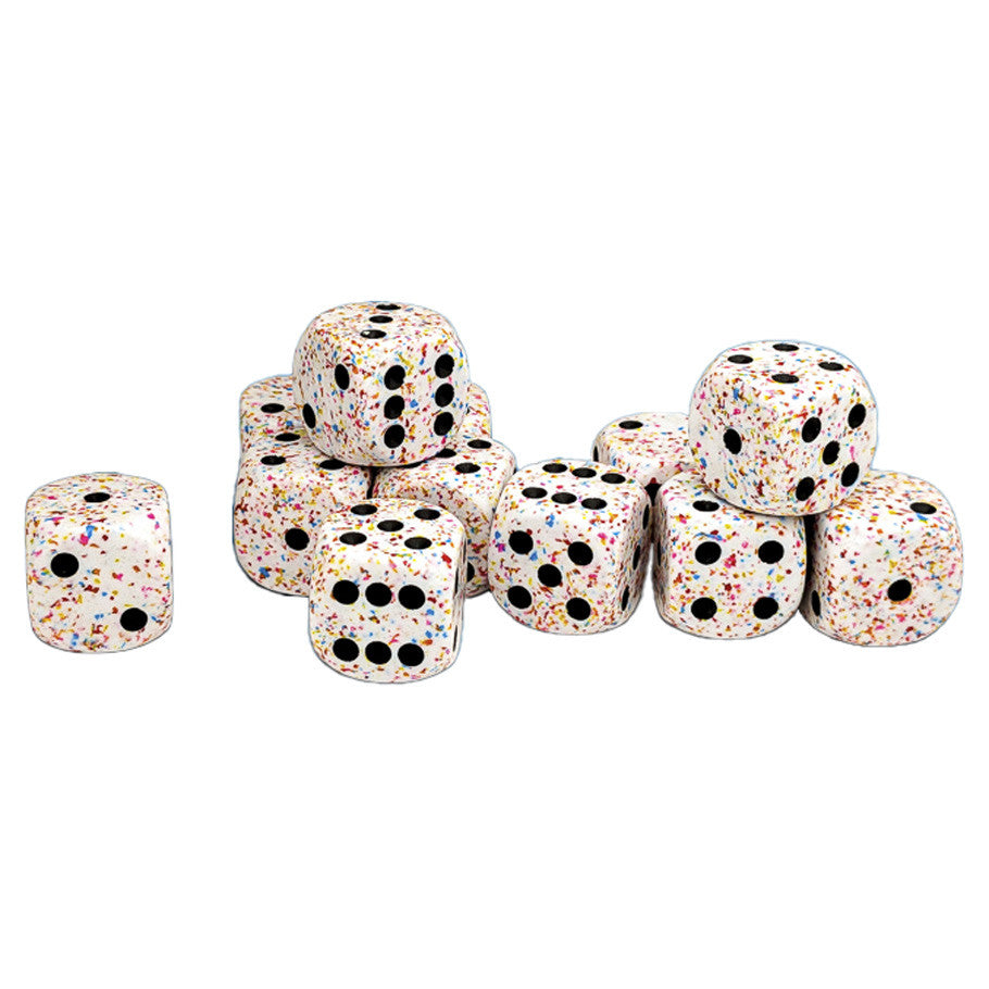 Chessex: d6Cube 16mm Speckled: Birthday (12) - Set of twelve 16mm speckled white six-sided dice with black pips and multicolored confetti pattern.