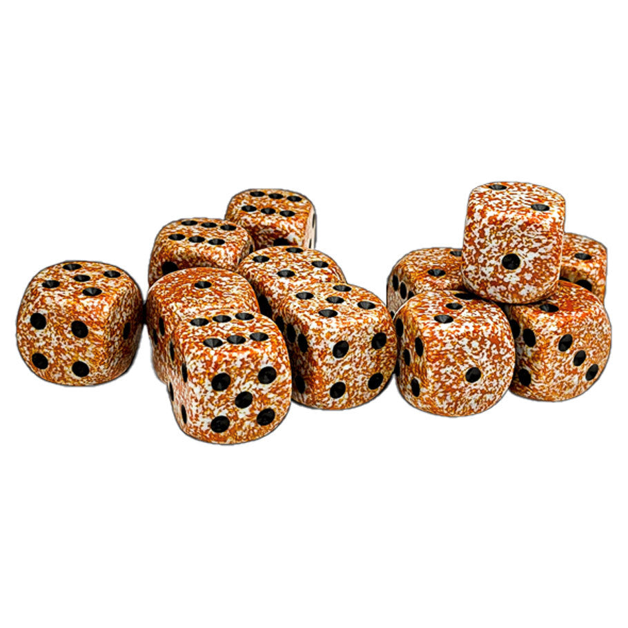 Chessex: d6Cube 16mm Speckled: Rust (12) - Set of twelve 16mm six-sided dice in rust orange with black speckles and black pips.