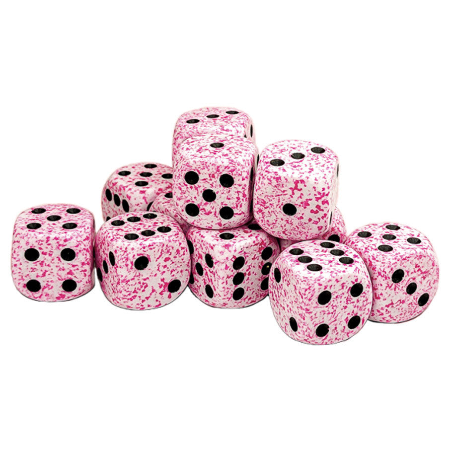 Chessex: d6Cube 16mm Speckled: Pink (12) - Set of twelve 16mm speckled pink six-sided dice with black pips, glossy finish.