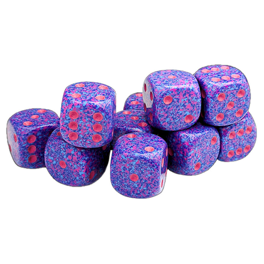 Chessex: d6Cube 16mm Speckled: Purple Passion (12) - Set of twelve 16mm six-sided dice in purple and pink speckled pattern with red pips.