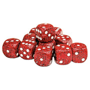 Chessex: d6Cube 16mm Speckled: Lava Stone (12) - Set of twelve 16mm red speckled six-sided dice with white pips, resembling lava stone texture.