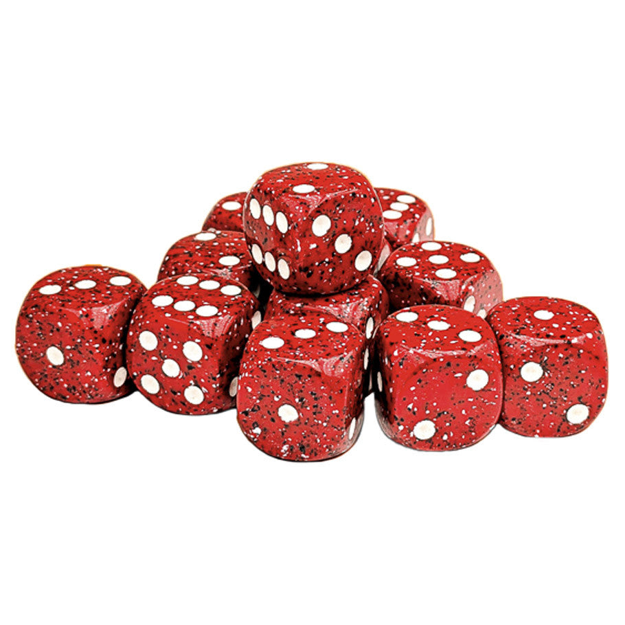 Chessex: d6Cube 16mm Speckled: Lava Stone (12) - Set of twelve 16mm red speckled six-sided dice with white pips, resembling lava stone texture.