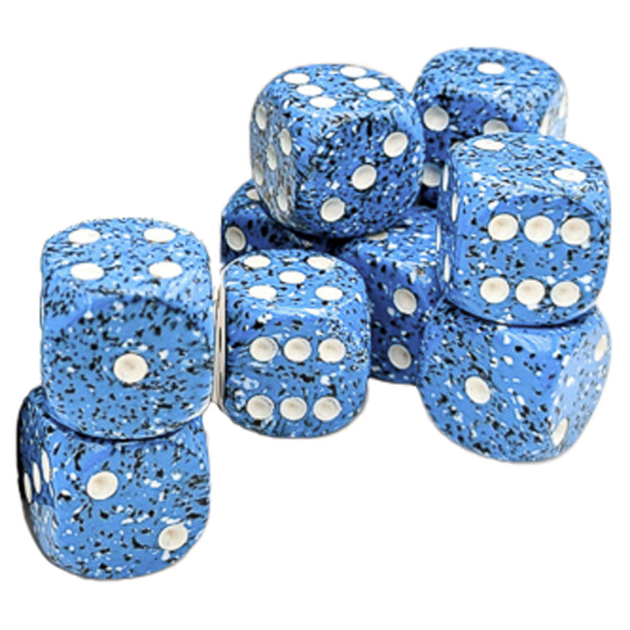 Chessex: d6Cube 16mm Speckled: Ocean Stone (12) - Set of eight 16mm blue speckled six-sided dice with white pips, glossy finish.