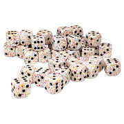 Chessex: d6Cube 12mm Speckled: Birthday (36) - 36 white six-sided dice with colorful speckles and black pips, 12mm size, scattered arrangement.