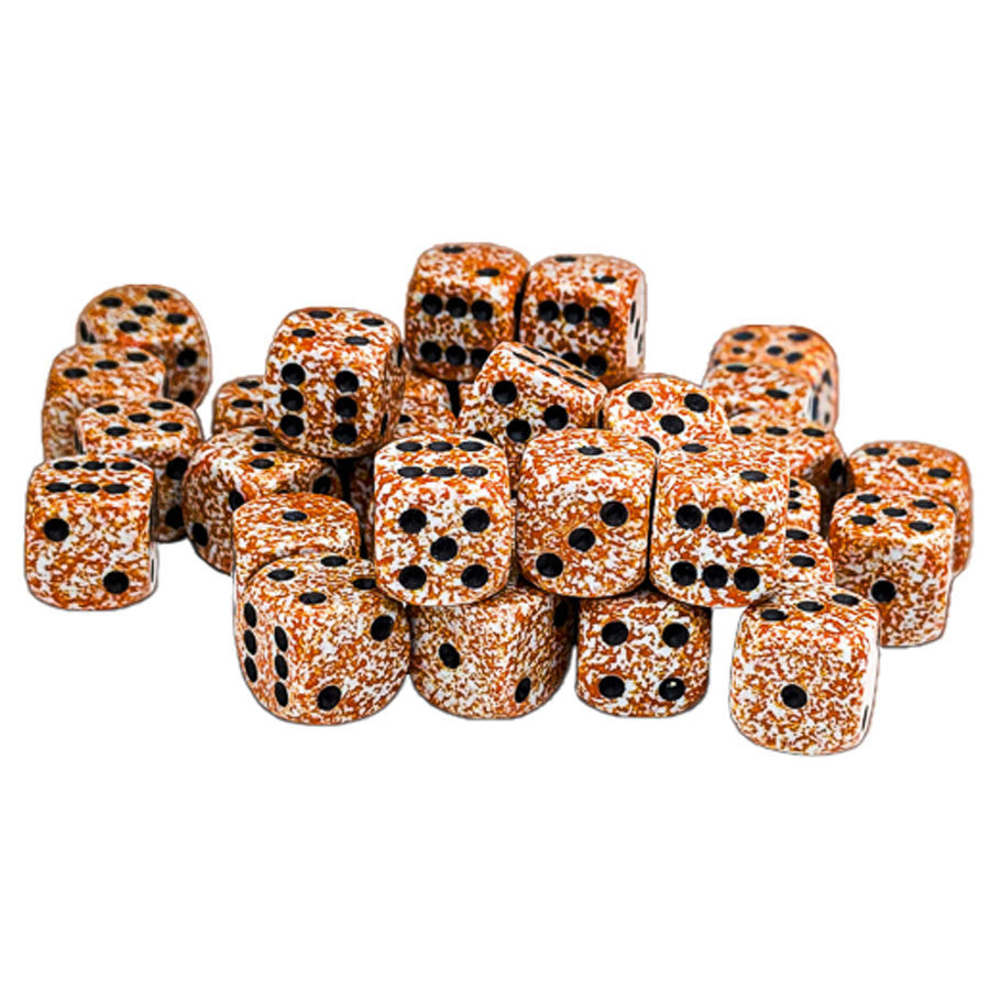 Chessex: d6Cube 12mm Speckled: Rust (36) - Set of 36 speckled 12mm six-sided dice in rust color with black pips.