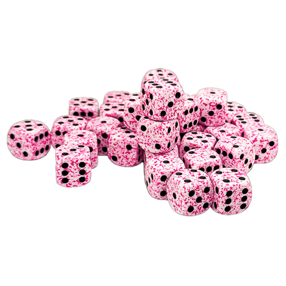 Chessex: d6Cube 12mm Speckled: Pink (36) - Pile of 36 translucent pink six-sided dice with black speckles and dots, 12mm size.