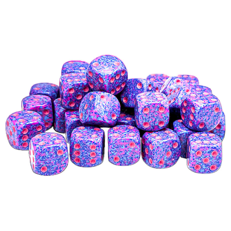 Chessex: d6Cube 12mm Speckled: Purple Passion (36) - 36 purple speckled 12mm six-sided dice with red and blue marbled pattern.