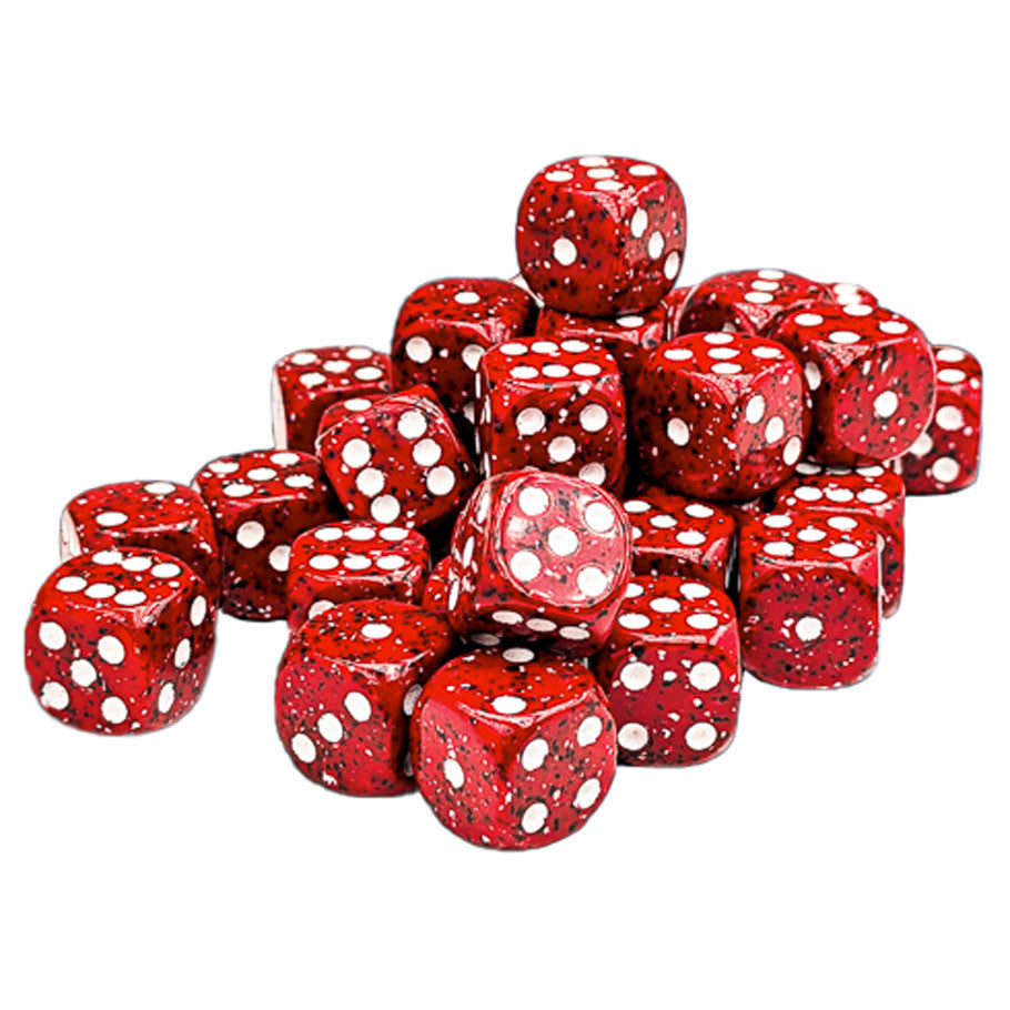 Chessex: d6Cube 12mm Speckled: Lava Stone (36) - Set of red speckled six-sided dice with white pips, 12mm size, resembling lava stone texture.