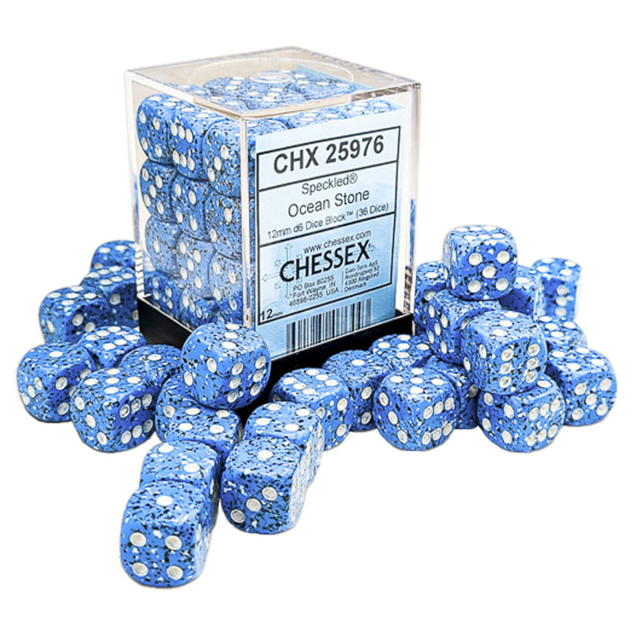 Chessex: d6Cube 12mm Speckled: Ocean Stone (36) - Set of 36 blue speckled six-sided dice with white pips in clear plastic container labeled Ocean Stone.