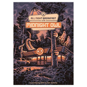 All Night Breakfast at the Midnight Owl (PREORDER) - Retro diner scene at twilight with glowing neon sign reading "Midnight Owl" surrounded by trees and an owl perched nearby.