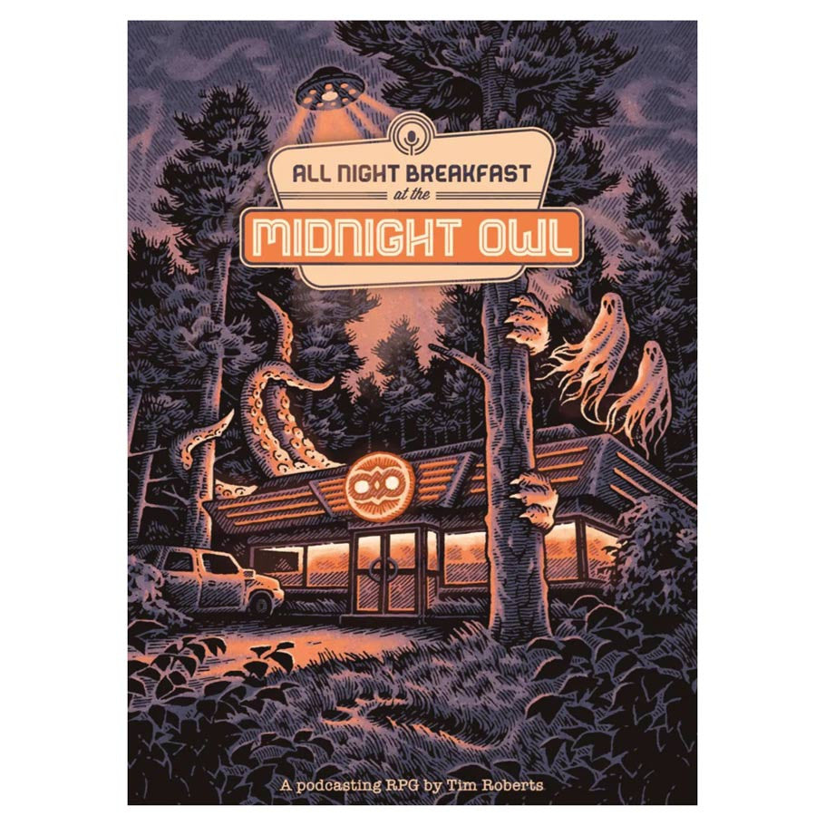 All Night Breakfast at the Midnight Owl (PREORDER) - Retro diner scene at twilight with glowing neon sign reading "Midnight Owl" surrounded by trees and an owl perched nearby.