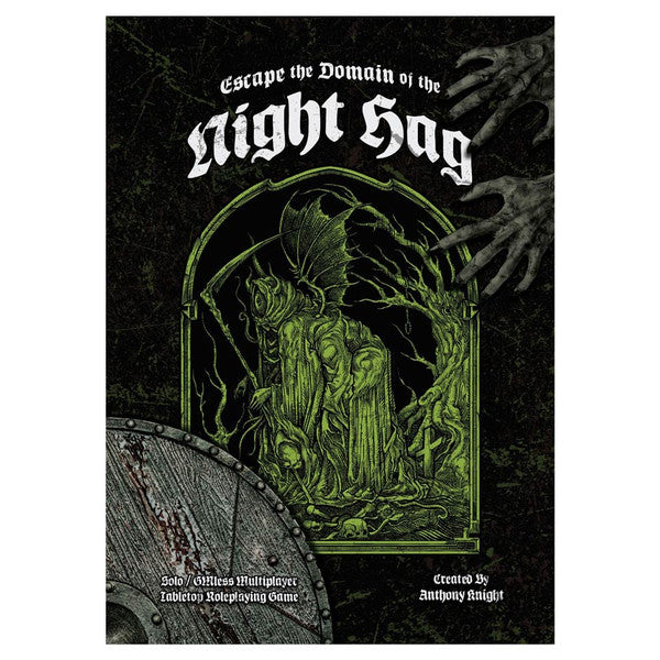 Escape the Domain of the Night Hag (PREORDER) - Black game cover titled "Escape the Domain of the Night Hag" with green eerie illustration of cloaked figures and ghostly.