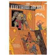 The Electrum Archive #1 - RPG book cover with orange background featuring armored knight holding hands with a small figure, stone staircase with.