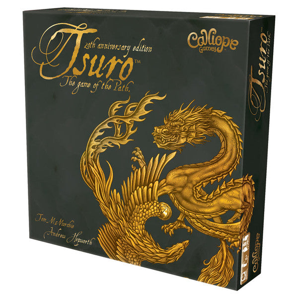 Tsuro: 20th Anniversary Edition - Dark green Tsuro board game box with detailed gold dragon and phoenix artwork, elegant gold script text.