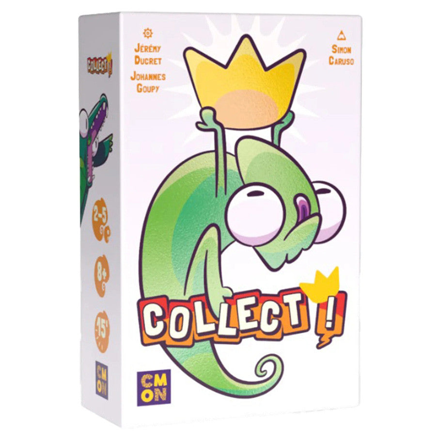 Collect! - White rectangular box with a cartoon green chameleon holding a yellow crown on the front, colorful "Collect!" text at bottom
