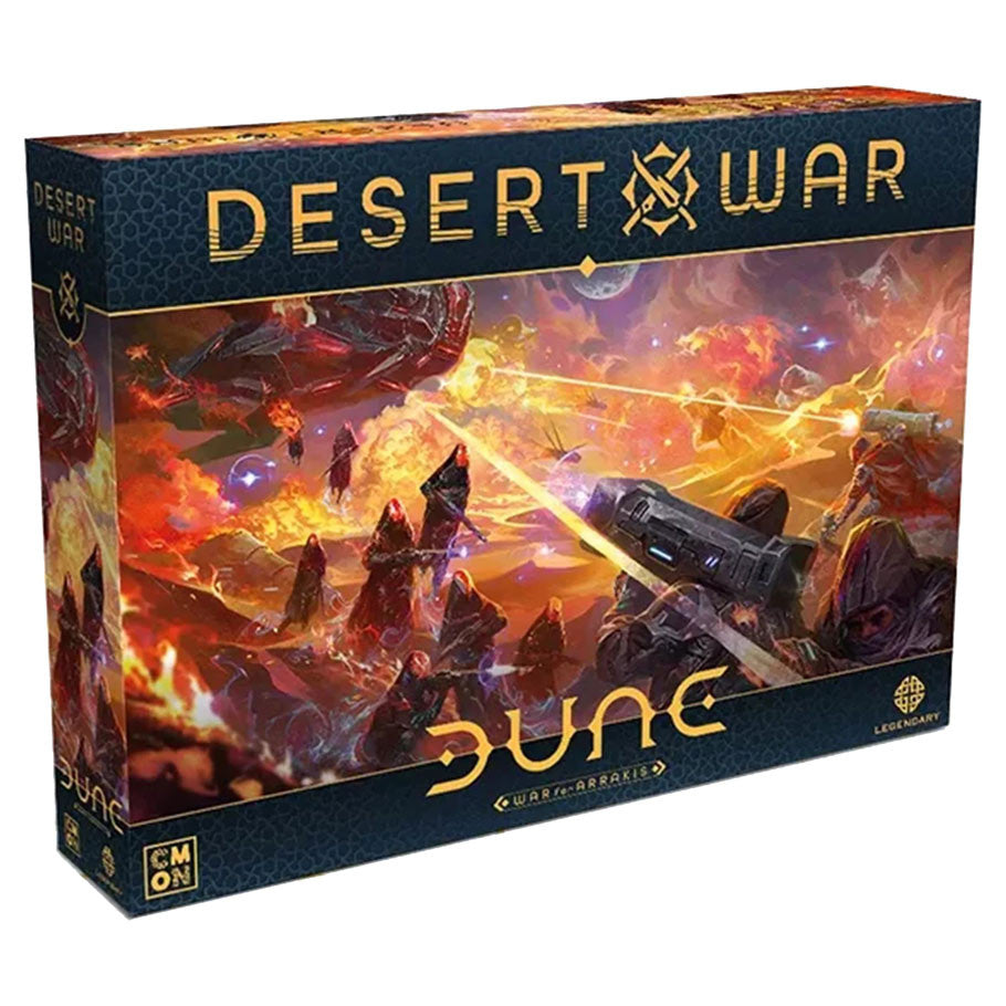 Dune: Desert War Expansion - Rectangular game box with vibrant orange and red desert battle scene featuring futuristic aircraft and troops, titled Desert