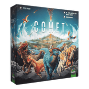 Comet - Strategy board game box titled "Comet" featuring colorful prehistoric creatures and volcanic landscape backdrop with.