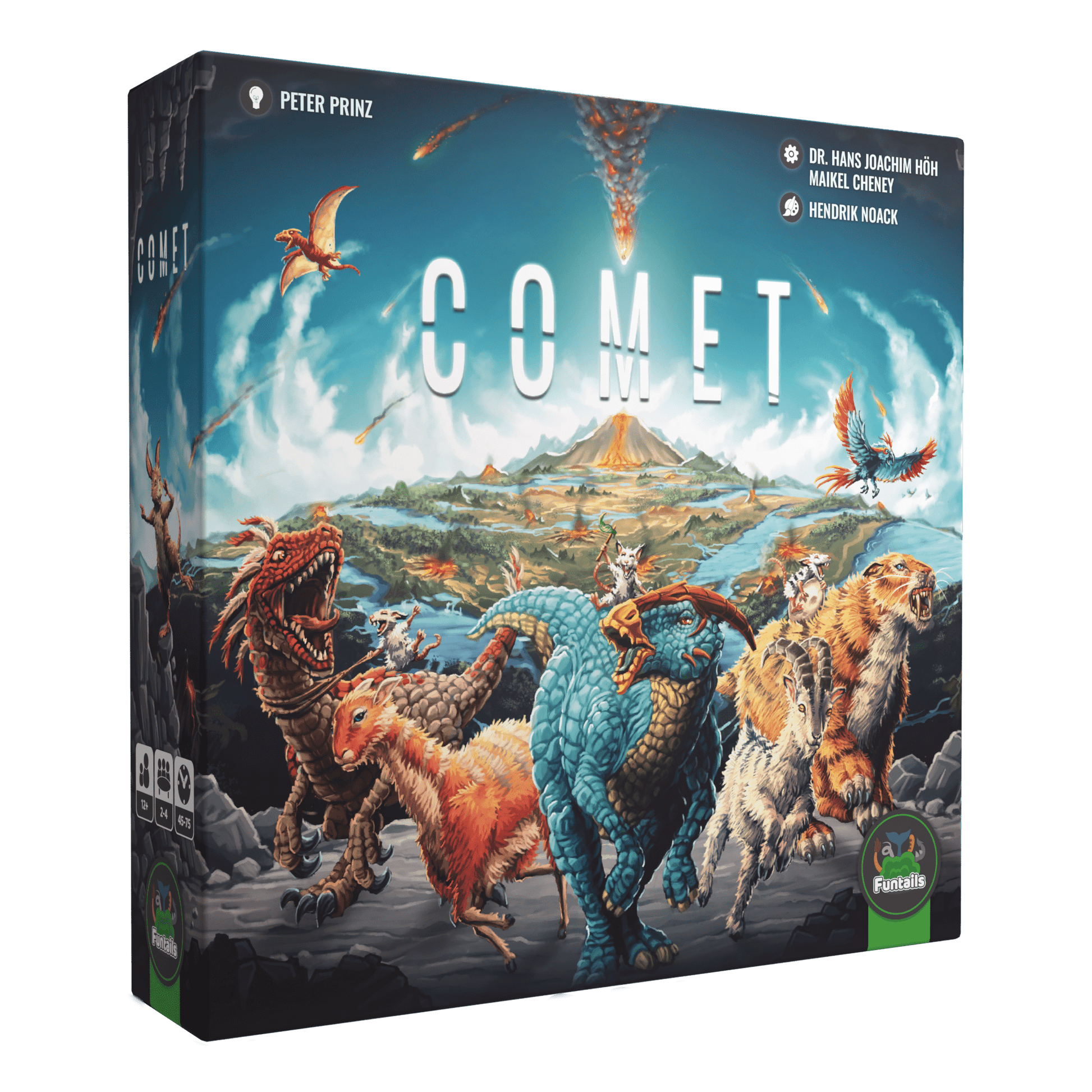 Comet - Strategy board game box titled "Comet" featuring colorful prehistoric creatures and volcanic landscape backdrop with.