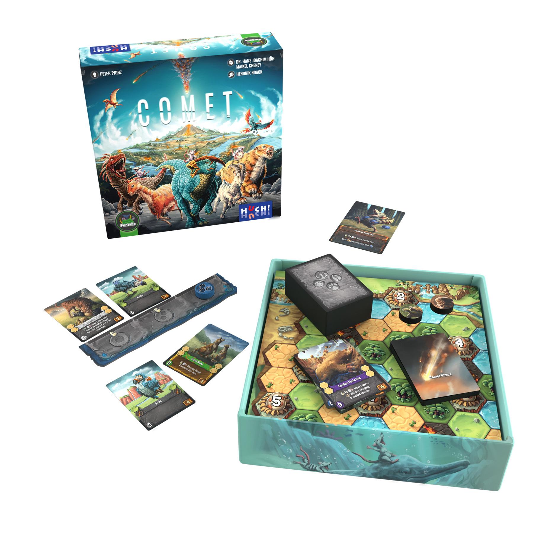 Comet - Comet strategy board game with hexagonal tiles, illustrated cards, character miniatures, and a detailed fantasy-themed box.